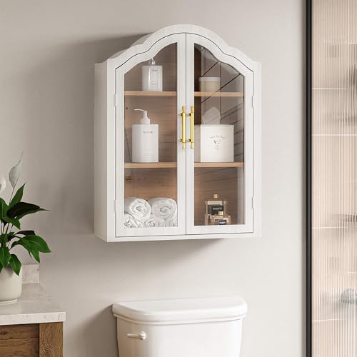 FIMELLO 23.6’’W Wave Design Arched Wall Cabinet, Bathroom Cabinet with Glass Doors Adjustable Shelf, Above Toilet Cabinet, Kitchen Wall Cabinet, Wall Bookshelf, White Grain