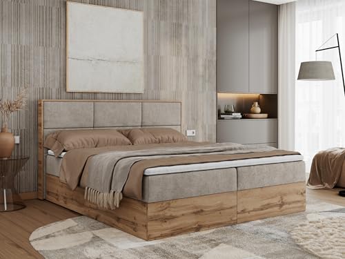 MKS MEBLE Boxspringbett 160x200 mit Bettkasten Holz Holzrahmen, Boxbett 160x200 mit Matratze H4 und Kopfteil - Beige Struktur - Albero-2 MKS MEBLE Boxspringbett 160x200 mit Bettkasten Holz Holzrahmen, Boxbett 160x200 mit Matratze H4 und Kopfteil - Beige Struktur - Albero-2