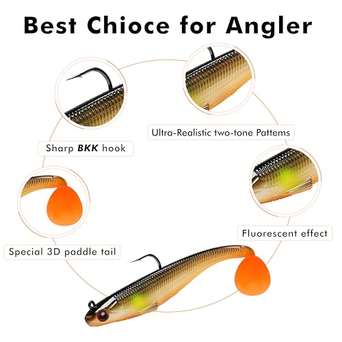 Image of TRUSCEND Shadtale Easy Catch Soft Fishing Lures with BKK Hooks - Trembly Sinking and Vibrating Swim for More Bites, Pre-Rigged Swimbaits for Bass, Trout, Crappie, Walleye, Freshwater Saltwater Fishing