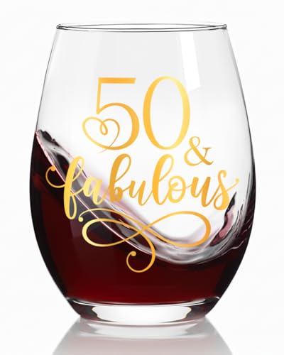 Ymzkpoa Novelty Golden 50th Birthday Gifts for Women,Mom,Wife,Friends,Sister,50 and Fabulous Stemless Wine Glass,Happy Birthday Party Favor Supplies,50 Year Old Gift from Daughter Son