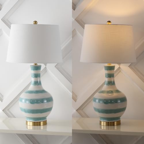 JONATHAN Y 30.5" Green/White Striped Ceramic Table Lamp for Bedroom Living Room, Modern Coastal Bedside Lamp with Gold Base and White Linen Shade, LED Bulb Included JYL3054A by JONATHAN Y - Used condition - Image 5
