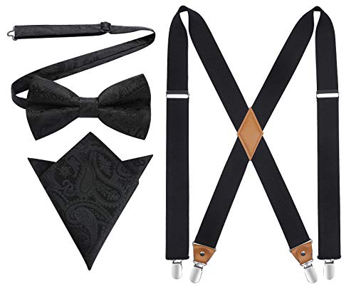 Image of HISDERN Bow Tie and Suspenders for Men Elastic X-Back Suspender and Bowtie Set Adjustable Braces for Wedding Tuxedo
