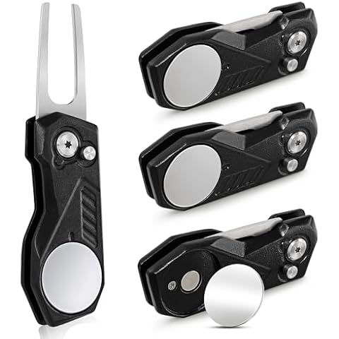 Mile High Life 4 Pieces Golf Divot Repair Tool w Magnetic Golf Ball Marker | All Metal Foldable Divot Tool w Pop-up Button | Golf Accessories for Men(4 Black Tools) Cover