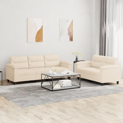vidaXL Sofagarnitur 2-TLG., Sessel Couch mit Kissen, Sofa Wohnzimmersofa mit Armlehnen, Couchgarnitur Designsofa Sitzmöbel Polstermöbel, Beige Mikrofasergewebe – Bild 3