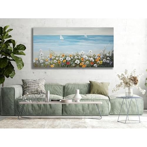 Ardemy Daisy Large Wall Art for Living Room, Floral Canvas Wall Art Ocean Flower Pictures Paintings Wall Decor Living Room Wildflower Artwork Dining Room Home Office Kitchen, 48"x24" 48"L x 