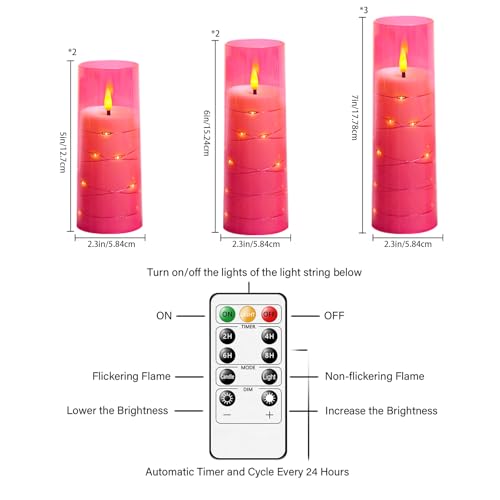 Image of Flameless Candles,with Embedded Star String, Battery Operated Candles Flickering LED Pillar Candles with Remote Control and Timer, Home Decoration Add a Warm and Romantic Atmosphere,Set of 7 (Pink)