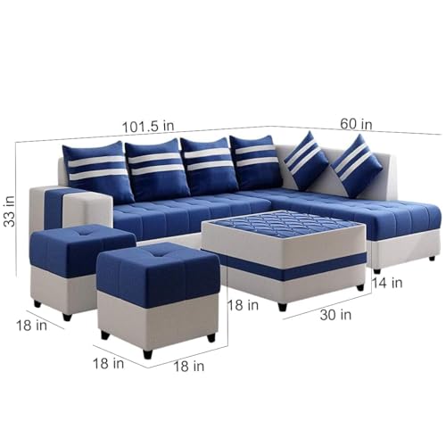 Image of FURNY Stolan 8 Seater Fabric RHS Sectional L Shape Sofa Set with Centre Table & 2 Puffy- (Blue-Light Grey)