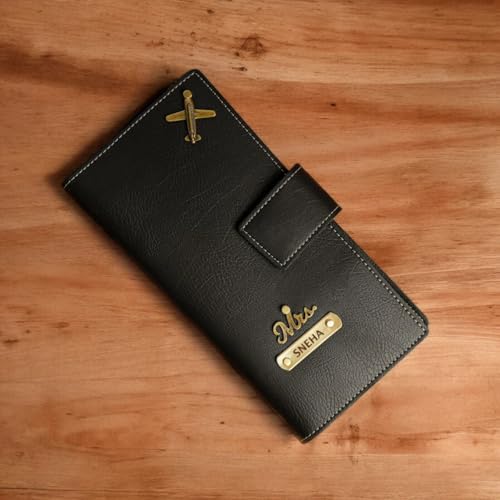 Image of Thebaegift Personalized Name & Charm Long Leather Wallet Passport Cover with Passport Boarding Pass Currency Card Slot & Coin Holder for Men & Women |Corporate Office Gift Employee Colleagues
