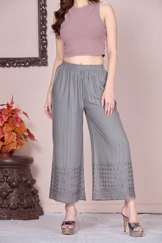 Image of VIVIKA Chikankari Palazzo Pants for Women |Rayon Wide Leg Ethnic Palazo with Embroidery | Comfortable Elastic Waist Women's Palazzo for Casual, Festive & Office Wear