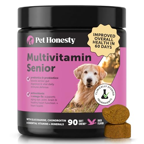 Senior Dog Multivitamin Supplement for Aging Dogs - Hip & Joint Stiffness, Eye Health, Brain & Heart Care - Older Dog Vitamins with Glucosamine & Probiotics - Immune Support & Vitality (Duck, 90 Ct)