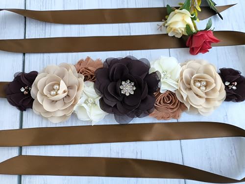 Brown Babyshower Sash for Mom,Maternity Flower Sash Belt for Pregnancy Photograph3
