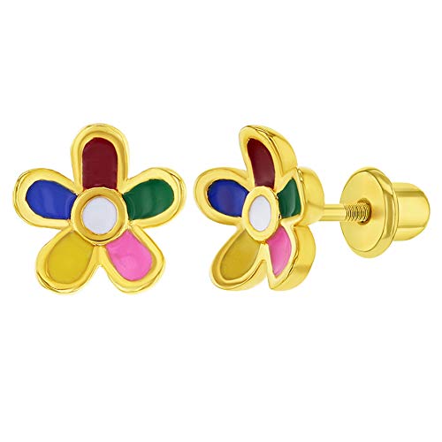 Gold Plated Multicolor Enamel Flower Safety Screw Back Earrings for Toddlers and Little Girls 8mm - Colorful Screw Back Earrings for Young Girls - Floral Themed Jewelry for Girls