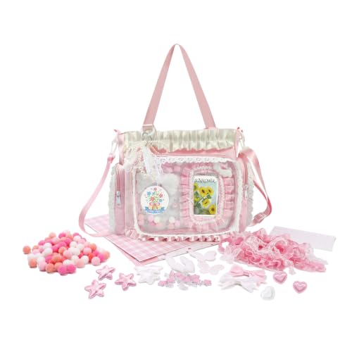 Ita Bag DIY Cute Crossbody Bags with Multiple Styles Accessories Bag with Clear Pocket Display 4 Color Kawaii Ita Shoulder Bags with Insert Anime Badge Pin Display Purse for DIY Enthusiasts (Pink)