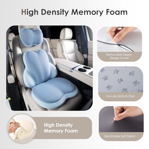 Image of FLORICH 3 PCS Seat Cushion for Carseat Lumbar Support Pillow Car Neck Headrest Pillows Ultrathick Memory Foam Seat Pads Pressure Relief Back Cushion for Office Chair(Blue)