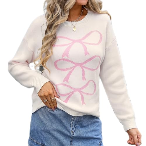 Image of Women Cute Bow Knit Sweater Y2k Long Sleeve Crew Neck Knitted Pullover Top Oversized Going Out Fall Winter Knitwear
