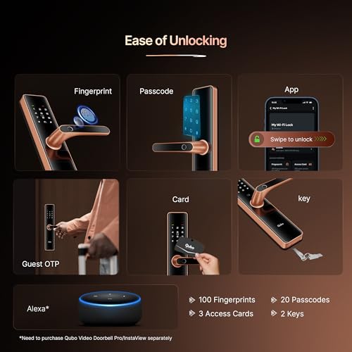 Image of Qubo Smart Door Lock Ultra (Wi-Fi) from Hero Group | Remote App Unlock | 5 Bolts | Tamper Alerts | App Control| 7-Way Unlocking | Fingerprint| PIN | OTP | RFID Card | Mechanical Key | 3 Year Warranty