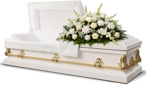 Titan Casket Elegant Orion Series Funeral Casket for Humans - Handcrafted Steel Casket Luxurious White and Gold Finish & White Crepe Interior 20-Gauge Steel Adult Size Adjustable Bed Gasket Seal