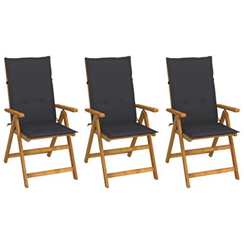 Yunir Silla Plegable para Patio Al Aire Libre, 3 Piezas de Sillas de Comedor Plegables de Madera Maciza con Cojín Antracita, Silla de Jardín para Exteriores de 22,4 X 27,2 X 43,7