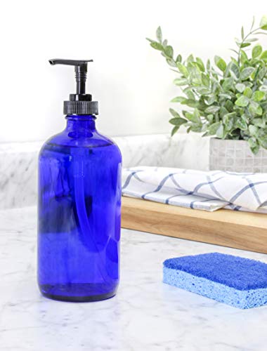 16-Ounce Cobalt Blue Glass Bottles w/ Lotion Pump Dispensers (2-Pack); Refillable Liquid Soap, Hand Care, Pump Bottles + Chalk Labels & Lids, BPA-Free Plastic Tops