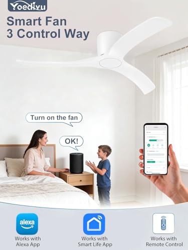 Image of 52 Inch Smart Ceiling Fans Without Lights, Low Profile Flush Mount Ceiling Fan with Alexa & Remote Control, 6 Speed Reversible Quiet DC Motor, White Ceiling Fan for Bedroom Living Room Patio