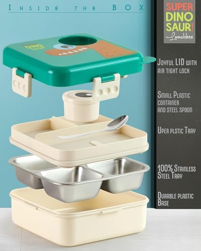 Image of TEKCOOL Green Kids Lunch Box - Stainless Steel Insulated Tiffin for School with Spoon, BPA-Free | Leak-Resistant Bento Box with Tray & Container | 1120ml + 70ml (Green, Super Dinosaur)';