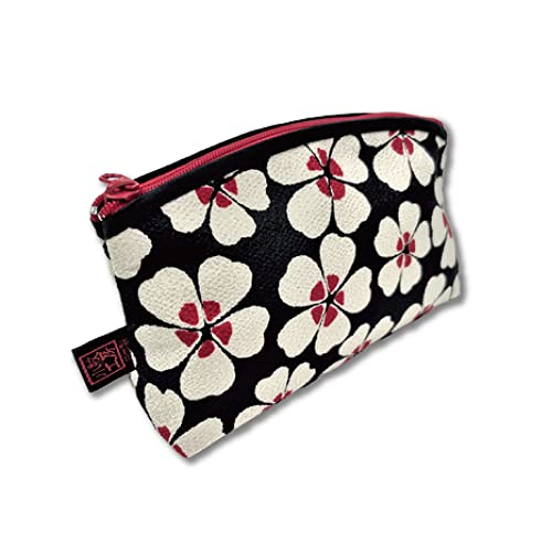 Small Makeup Bag for Purse [ Made in Japan] Traditional Edo Komon Design Cute Cosmetic Pouch (Cherry Blossom (Black))
