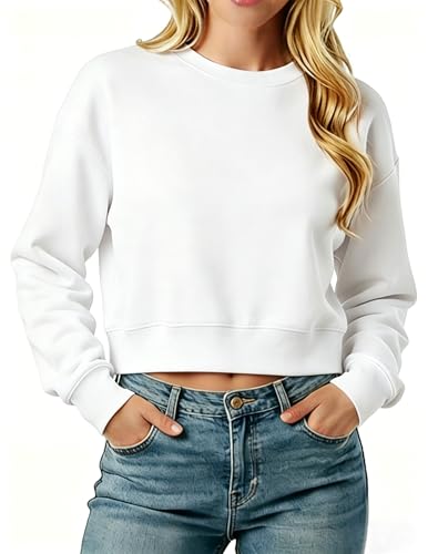 LETSEE Cropped Sweatshirt for Women Oversized Crewneck Cotton Long Sleeve Crop Pullover Casual Lightweight Boxy Sweater White