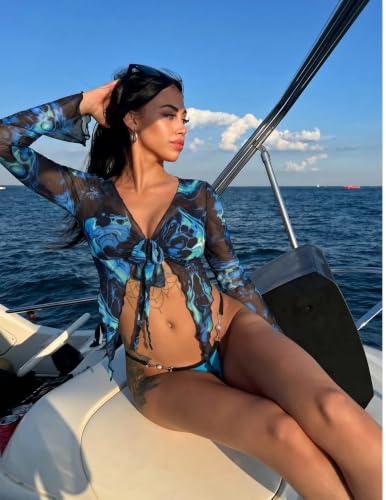 Image of Avidlove Women Mesh Crop Top Y2K Tie Front Tops Rave Top Sheer Cardigan Sexy V Neck Outfits S-2XL