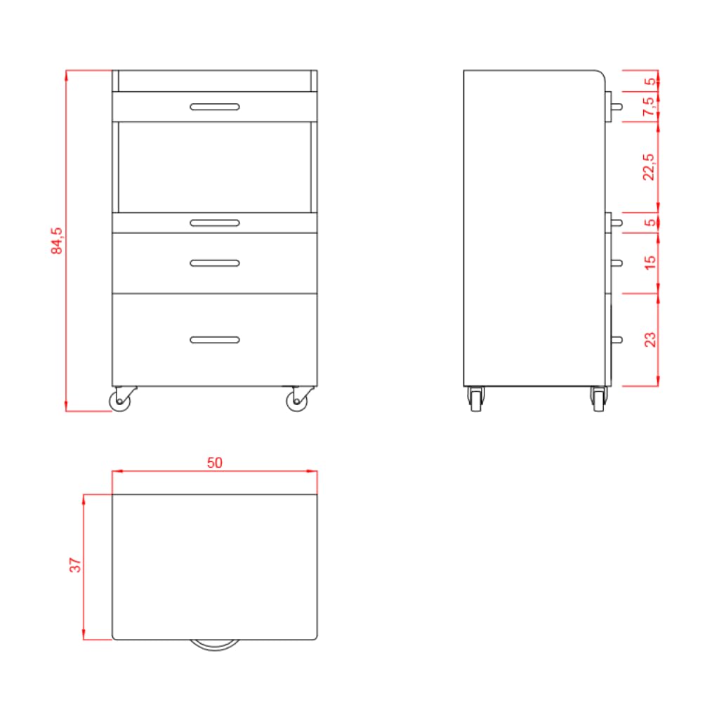 Beistellwagen 19 D SF – Stilvoller Arbeitswagen mit 3 Schubladen & zusätzlichem Stauraum, ausziehbare Ablage, mobil mit Rollen, ideal für Kosmetikstudios & Salons, Zeitloses Design