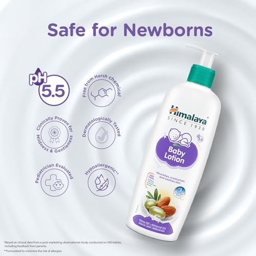 Image of Himalaya Gentle Baby Lotion 400ml with Almond oil, Olive oil, Country Mallow | No.1 Doctor-Prescribed Brand |pH 5.5 formulation | Nourishes and moisturizes your baby's skin | Safe for Newborns