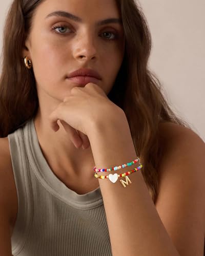 2PCS Colorful Softball Initial Bracelet for Women Girls, A-Z Gold Layered Beaded Stretch Bracelets Softball Mom Letter Stackable Jewelry ldeas Gifts4