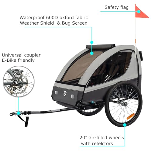 Tiggo VS Kinderanhänger 360° Drehbar mit Federung 2in1 Fahrradanhänger mit Buggy Set Jogger 5-Punkt Gurt Fahrrad Anhänger für 1 bis 2 Kinder max. 40kg (Grau)