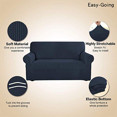 Image of Easy-Going Stretch Loveseat Slipcover 1-Piece Sofa Cover Furniture Protector Couch Soft with Elastic Bottom for Kids Polyester Spandex Jacquard Fabric Small Checks (Loveseat, Dark Blue)