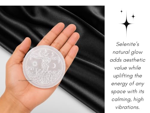 Image of Certified Selenite Crystal Charging Plate, 3 Inch Engraved Tree of Life Selenite Plate for Crystal Cleansing Re-Energy Work, Meditation and Pooja
