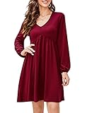 KOJOOIN Damen Tunika Kleid Langarm V-Ausschnitt Swing Kleid Knielang Hohe Taille Midikleid A-Linie Laternenärmel Elegante Freizeitkleid（Verpackung MEHRWEG）, A-Weinrot, M