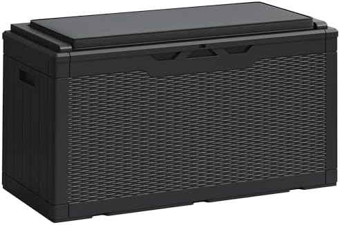 MARIVIA Greesum 100 Gallon Resin Deck Box Large Outdoor Storage Boxes with Cushions for Garden Tools, Patio Furniture Pillows, Pool Supplies, Black