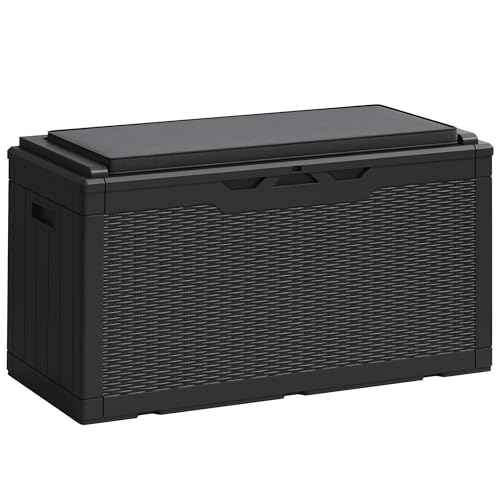 Greesum 100 Gallon Resin Deck Box Large Outdoor Storage Boxes with Cushions for Garden Tools, Patio Furniture Pillows, Pool Supplies, Black