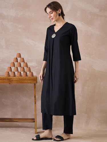 Image of INDO ERA Women's Viscose Solid A-Line Calf Length Kurta & Pant Set (IESTR12352)