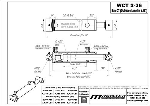 Image of Magister Hydraulic Cylinder 2 inch Bore x 36 inch Stroke, Welded Hydraulic Ram with Cross Tube Ends, Double Acting Hydraulic Piston 3500 PSI (WCT 2x36)