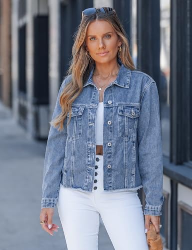 Image of luvamia Denim Jacket for Women Distressed Jean Jackets Button Up Vintage Western Trucker Jacket Frayed Hem Pockets