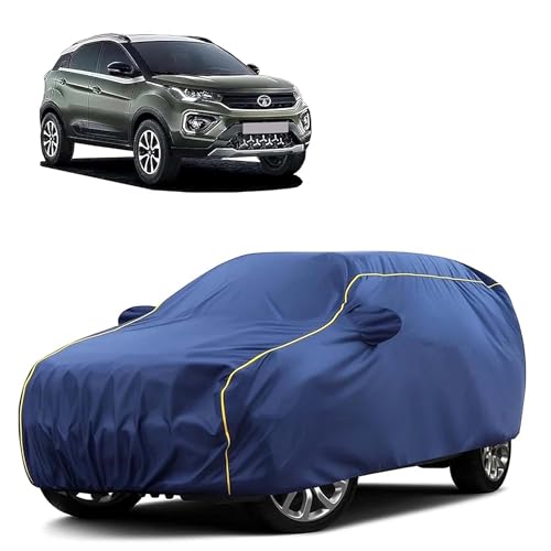 Image of Sulfar 100% Water Resistant Car Body Cover Compatible with Mirror for Tata Nexon (Triple Stitched, Full Bottom Elastic, Blue Taffeta with Yellow Piping)