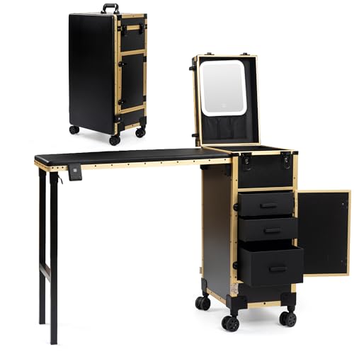 Image of Portable Manicure Table with 3 Drawers, Rolling Foldable Nail Desk with Detachable Mirror, Professional Makeup Train Case with Wheels and TSA Lock for Nail Techs & Salon Use