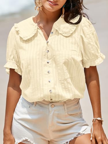Image of Tankaneo Womens Puff Sleeve Shirts Peter Pan Collar Button Down Cotton Blouse Casual Summer Textured Tops