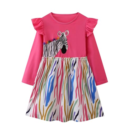 Image of Girl Long Sleeve Dress Ruffle Rainbow Color Block Cotton Casual Tiered Pleated Twirly Dress