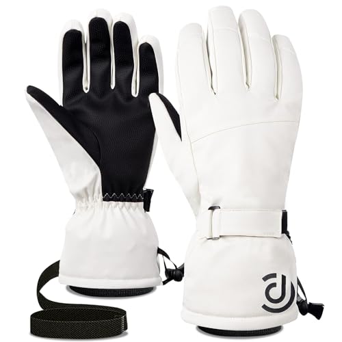 Taciieua Ski Gloves Men Women Warm Waterproof Snow Gloves 5 Layer Touch Screen Snow Warm Cycling Gloves for Cold Weather (White Medium)