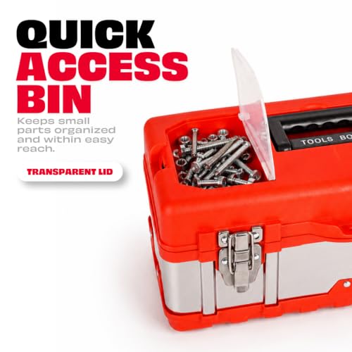 Image of JPT 17-Inch Metal Tool Box, Transparent Top Organizer, Removable Tray | 17 Inches Heavy-Duty Metal Body Transparent Lid Organizer Removable Organizer Tray Heavy-Duty Metal Hinges Locking Latch