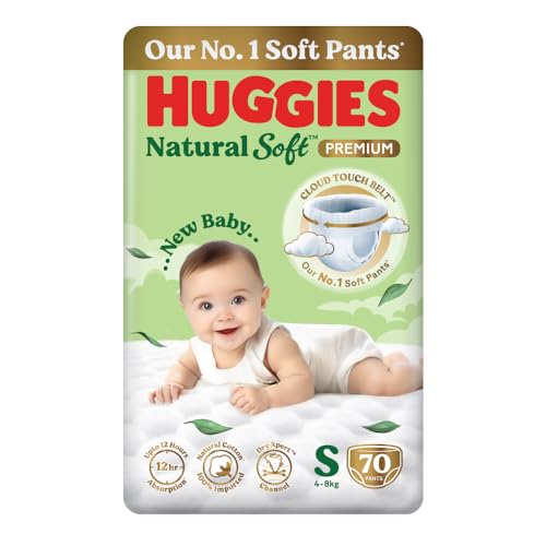 Image of Huggies Natural Soft Premium Baby Diaper Pants, Our No.1 Soft Pants, Small (S) Size (4-8 Kgs), Pack of 70 diapers | Cloud Softness All over with India's 1st Cloud Touch BeltTM