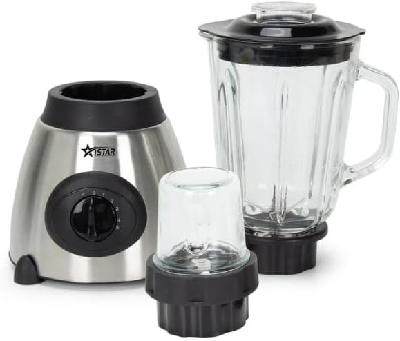 WGYI IS-1502 Blender disassembled showing motor base, 1.5L jug, and grinder attachment