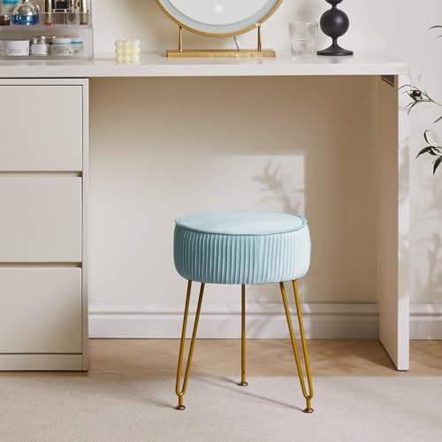 IBUYKE-Velvet-Round-Footrest-Stool-Ottoman-Makeup-Vanity-Stool-Side-Table-Velvet-Dressing-Table-Seat-Pouf-Couch-Stool-Golden-Steel-Legs-Blue-LG-30H IBUYKE Velvet Round Footrest Stool Ottoman Makeup Vanity Stool Side Table Velvet Dressing Table Seat Pouf Couch Stool Golden Steel Legs Blue LG 30H
