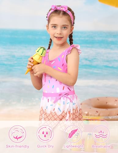 ALISISTER Girls' Swimsuit Summer 3 Piece Bathing Suits Beach Swimwear with Cover Up Skirt and Headband for 3-7 Years4